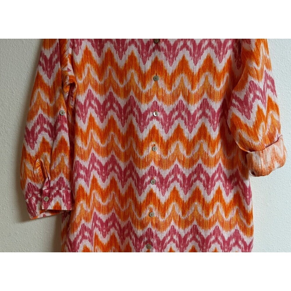 CHICO'S 100% Linen Multi-Colored Shirt Dress Swim Cover Roll-Tab Sleeves 3/16 - Picture 4 of 10